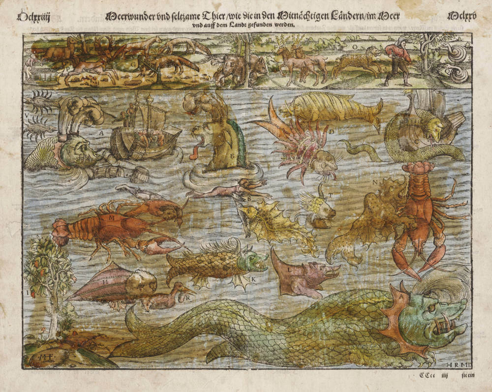 Antique map of Arctic monsters of the seas and lands by Sebastian Münster