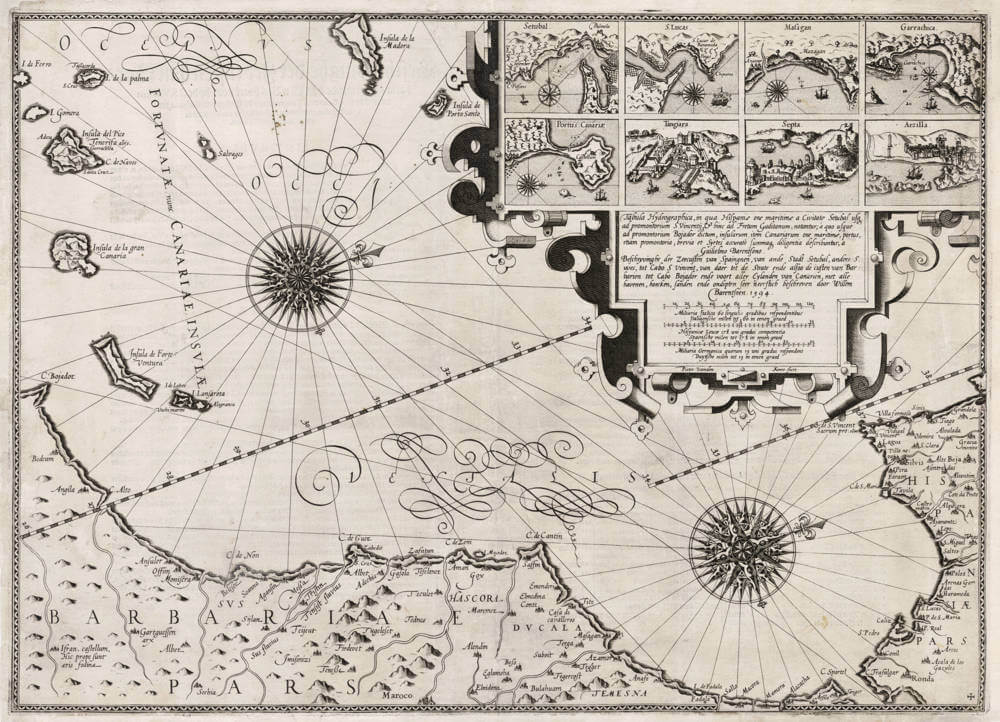 Antique map of Spain, Portugal, Morocco and the Canary islands by Willem Barentsz